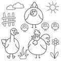 Farm animals: hen, chickens, goose, rooster and environmental elements