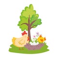 Farm animals hen with nest chicken and eggs flowers cartoon