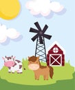 Farm animals horse cow barn windmill meadow cartoon Royalty Free Stock Photo