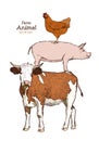 Farm animals. Isolated Vintage vector set . Royalty Free Stock Photo