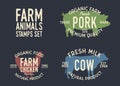 Farm animals labels. Set of 3 farm animals stamps for farmer markets, restaurants and shops of organic food. Silhouettes of Cow, P Royalty Free Stock Photo