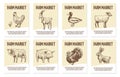 Farm animals labels. Tags for shops of organic food, hand drawn chicken and cow, pig and sheep, turkey and duck