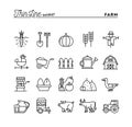 Farm, animals, land, food production and more, thin line icons s