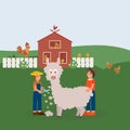 Farm animals with landscape and people. Farm man in cartoon style with chickens and Llama. Working farmers tend and shear