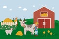 Farm animals with landscape. Vector illustration with a farm in a cartoon style. Working farmers tend and feed their livestock.