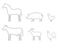Farm Animals Line Set Vector Illustration. Pig, Horse, Goat, Chicken, Cow And Chicken Isolated On White.