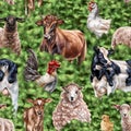 Farm animals in a meadow on a pasture. Cows, sheep and chickens on a ranch among green trees and bushes. Simple rural life, nature