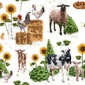 Farm animals in a meadow on a pasture. Cows, sheep and chickens on a ranch among sunflowers and haystacks. Simple rural life, Royalty Free Stock Photo