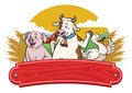 Farm animals with old wooden sign blank space