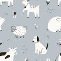 Farm animals pattern, print in Scandinavian doodle style. Black and white seamless background, countryside livestock Royalty Free Stock Photo