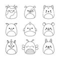 Farm animals and pets set. Coloring page. Squishmallow. Black and white farm animal pets Vector
