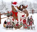 Farm animals and pets standing together dressed for Christmas