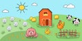 Farm animals: pig, cow, hen, chicken, rooster, sheep on a green field with barn and stack of hay