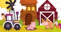 Farm animals pig in mud horse bull turkey tractor barn house windmill