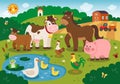 Farm animals. Pond duck. Flying butterfly and honeybee. Domestic cow or lamb. Chicken in meadow. Frog and pig. Field Royalty Free Stock Photo