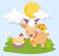 Farm animals ram hen and chicken grass sunny day cartoon