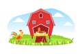 Farm Animals and Red Barn, Windmill on Beautiful Summer Rural Landscape, Rooster and Hen Hatchering Eggs Cartoon Vector Royalty Free Stock Photo