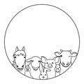 Farm animals in round frame line art design