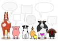 Farm animals in a row with speech bubbles