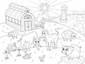 Farm animals and rural landscape coloring vector for adults