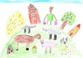 Farm animals with rural landscape. Cow, sheep, pig, horse, goose, duck. The farmer feeds the animals. Pencil art in childish style