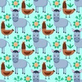 Farm animals seamless pattern. Collection of cartoon cute baby animals. donkey, chicken.