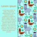 Farm animals pattern. Collection of cartoon cute baby animals. donkey, chicken. Flat vector illustration isolated.