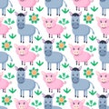 Farm animals seamless pattern. Collection of cartoon cute baby animals. pig, donkey. Flat vector illustration isolated. Royalty Free Stock Photo