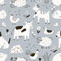 Farm animals, seamless pattern design in Scandinavian doodle style. Black and white kids background, countryside Royalty Free Stock Photo