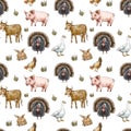 Farm animals seamless pattern. Goose, cow, chicken, pig, haystack. Rustic vintage texture