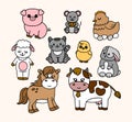 Farm animals set - cat, horse, chicken, chicken, pig, sheep, cow. Hand draw illustration. Kawaii face. Doodle style. Vector on Royalty Free Stock Photo