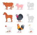 Farm animals set, cow, pig, sheep, horse, turkey, goat, hen, rooster, goose vector Illustrations on a white background Royalty Free Stock Photo