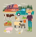 Farm animals set in flat style on background. Vector illustration. Cartoon animals collection. Royalty Free Stock Photo