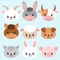 Farm animals set in flat style isolated on blue background. Vector illustration. Cute cartoon animals collection sheep, goat, cow Royalty Free Stock Photo