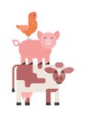 Farm animals set, hen pig and cow domestic cartoon, nature, collection vector illustration Royalty Free Stock Photo