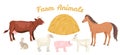 Farm animals set. Horse, cow, goat, sheep, pig, rabbit and haystack isolated
