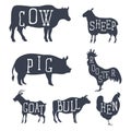 Farm animals, set icons. Collection of silhouettes such as cow, bull, sheep, pig, rooster, chicken, hen, goat. Vector Royalty Free Stock Photo