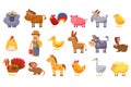 Farm animals set, male farmer, livestock and pets cartoon vector Illustrations on a white background Royalty Free Stock Photo