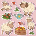 Farm animals set, vector stickers with sheep family Royalty Free Stock Photo