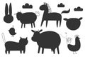 Farm animals silhouettes, isolated on white background vector illustration. Collection vectors of domestic cartoon Royalty Free Stock Photo