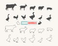 Farm animals silhouettes. Livestock and poultry icons. Thin line style