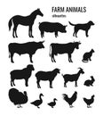 Farm animals silhouettes set of horse, pig, dog, bull, cow, cat, ram, sheep, goat, rabbit, turkey, goose, duck, rooster Royalty Free Stock Photo