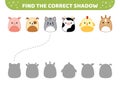 Farm animals. Squishmallow. Find the correct shadow. Shadow matching game. Cartoon, vector Royalty Free Stock Photo