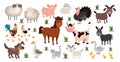 Farm animals. Stock raising concept. Cartoon sheep and goat, horse or cow. Domestic birds with cute chickens. Funny pets