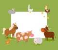 Farm animals vector frame illustration. Cow, hourse, chicken and duck with rabbit and sheep. Card template for birthdays