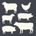 Farm Animals Vintage Set. Silhouettes of Cow, Pig, Sheep, Lamb, Hen. Farm Animals icons isolated on white background. Design eleme Royalty Free Stock Photo