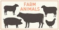 Farm Animals Vintage Set. Silhouettes of Cow, Pig, Sheep, Lamb, Hen. Farm Animals icons isolated on white background. Design eleme Royalty Free Stock Photo