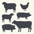 Farm Animals Vintage Set. Silhouettes of Cow, Pig, Sheep, Lamb, Hen. Farm Animals icons isolated on white background. Vector. Desi Royalty Free Stock Photo