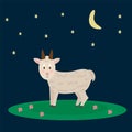 Farm animals walking at night in the pasture. A goat walks in a meadow under the stars. A postcard with livestock