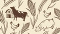 Farm Animals and Wheat Seamless Pattern, Rustic Agriculture, vector design Generative AI Royalty Free Stock Photo
